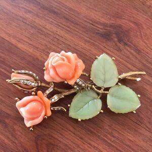 Nolan Miller Large rose pin faux Jade and coral ￼￼￼